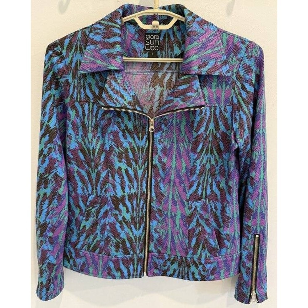 Clara Sun Woo Liquid Leather Moto Zip Jacket Blue Purple Abstract Size S